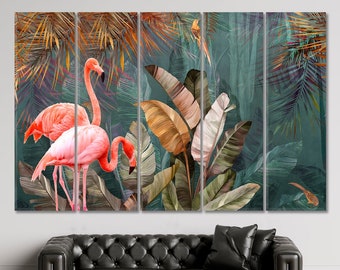 Rainforest Flamingos Tropical Leaves Palms Artwork Printed Canvas Wall Art Decor, Jungle Landscape Art Print Décor, Exotic Nature Art Print