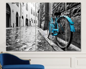 Retro Blue Bike Old Town Street Photo Print Wall Art, Blue Color against Black and White Vintage style Wall Art. Florence Italy  Canvas Art