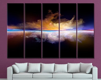 May include: Abstract art print with a multi-panel canvas design. The print features a colorful landscape with a horizon line and clouds in shades of blue, purple, orange, and yellow.