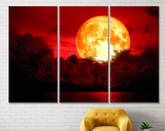 Eclipse | Full Blood Moon Canvas Art, Moon Wall Art, Sea Cloud Wall Art, Magic Landscape Wall Decor, Fabulous Moon Wall Art, Scenic Wall Art