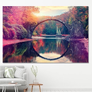 Arte de parede com natureza pitoresca, Parque de azáleas e rododendros, Ponte Kromlau Rakotz, Saxônia, Alemanha, pôster de viagem, arte de parede com paisagem de outono impressionante