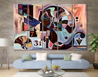 May include: Abstract art print with a multi-colored design featuring geometric shapes, swirls, and numbers. The print is divided into five panels.