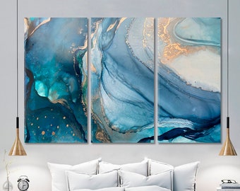 EMERALD SEA WAVES Marble Stunning Colors Turquoise Light & Dark Blue Abstract Art Ink Water Canvas Print Wall Art For Home And Office Décor