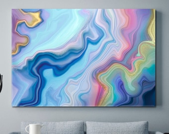 Vivid Abstract Marbled Sky Blue Purple Soft Pastel Marble Wavy Lines Canvas Print Wall Décor, Artistic Liquid Large Wall Art Décor For Home