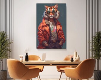 May include: A digital illustration of a tiger wearing sunglasses and a red jacket. The tiger is standing in front of a blue background.