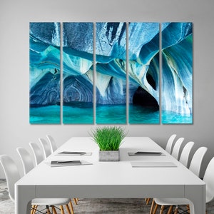 Marble Caves Patagonia Chile Poster Print, Turquoise Colors Splendid Shapes Marble Caves Photo Art Print, Unearthly Beauty Nature Art 5 Panels