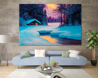 Magical Winter | House In Woods Art Canvas Print, Winter Landscape Wall Decor, Christmas Trees Wall Decor, Large Wall Décor Home Split Art