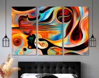 Inner Melody Wall Art | Vivid Artistic Abstraction Artwork On Canvas Print, Human And Musical Shapes Art, Music Wall Decor, Large Trendy Art