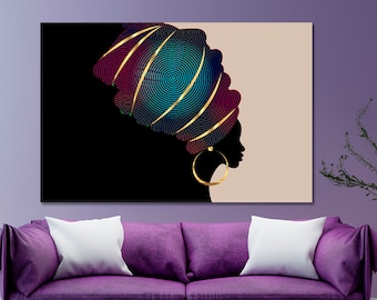 African Wall Art | African Beautiful Woman Canvas Print Decor, Black Woman Traditional Turban Dashiki Ethnic Retro Art Print, Ancient Prints