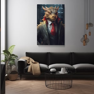 Charming Dragon Wall Art, Dragon Gentleman Canvas Print, Fantasy Office Decor, Unique Boardroom Artwork, Whimsical Gift for Fantasy Lovers