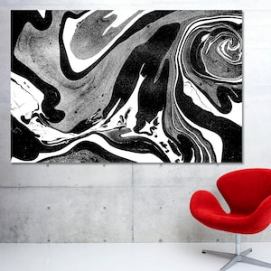 Monochrome Swirl Ink Canvas Print, Abstract Pattern Wall Art, Modern Minimalist Office or Home Decor, Black and White Artwork Framed Ready To Hang
