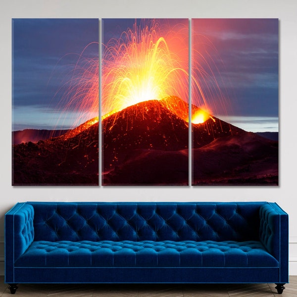 Kilauea Volcano Hawaii Island Huge Volcanic Eruption Poster Print, Most Active Volcanoes Lava Fire Plumes Volcanic Mountain Wall Art Canvas