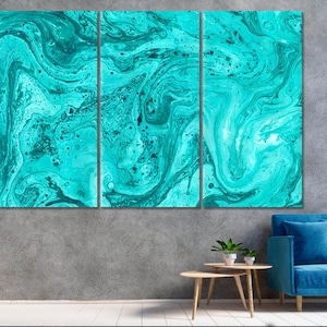 May include: Abstract art print with a turquoise and teal marbled design. The print is divided into three panels.