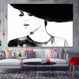 Portrait | Beautiful Woman Wall Set, Black White Wall Decor, Women Hat Canvas Print, Large Watercolor Portrait Print, Framed Wall Decor