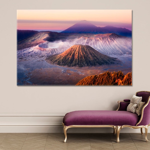 Mount Bromo Active Volcano Landscape Photo Art Print Canvas Wall Décor, Java island Indonesia Ancient Volcano Print, Fog Nature Landscape