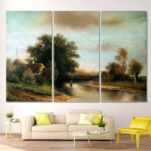 May include: A painting of a rural landscape with a small cottage, a bridge over a river, and trees. The sky is a light blue with white clouds. The painting is done in a realistic style.