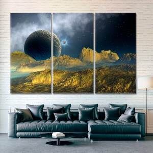 Extraterrestrial Mountains Planetary Triptych Canvas Print, Cosmic Landscape Wall Art, Sci-Fi Fantasy Decor for Home Cinema, Stellar Gift for Astronomy Fans