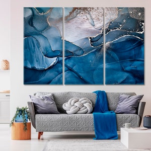 Marbre Peinture acrylique, marbre bleu, décoration murale abstraite, art contemporain, décoration murale moderne, impression sur toile marbré image 1