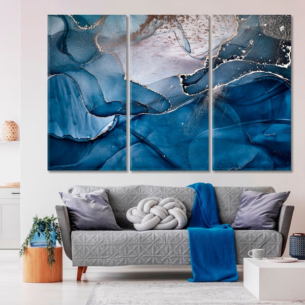 Marbre | Peinture acrylique, marbre bleu, décoration murale abstraite, art contemporain, décoration murale moderne, impression sur toile marbré