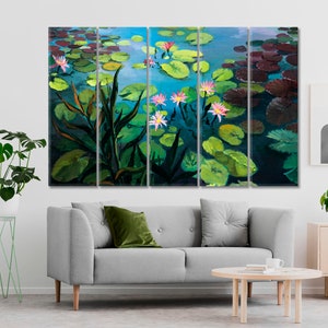 Colorful Pond Wall Decor Canvas Print, Beautiful Lotus Wall Art, Nature Landscape Wall Art, Pond Lotus Painting, Pond Flower Wall Art Print
