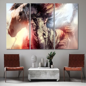 Tribal Chief Art Print Canvas Decor, American Indian And Horse Art Large Wall Decor Canvas Print, Abstract Grunge Style Modern Art Canvas