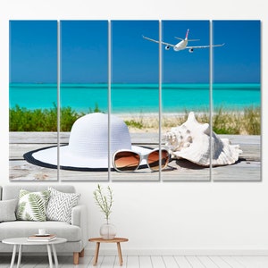 Sunny Beachside Essentials Canvas Print, Coastal Holiday Wall Art, Seashell and Sunglasses Decor, Relaxing Ocean View, Ready To Hang