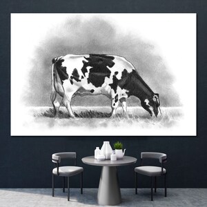 May include: A black and white pencil drawing of a cow grazing in a field. The cow is facing the right side of the image and has black and white spots.