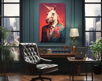 Unicorn Wall Art, Funny Animal Wall Decor, Unicorn Canvas Print, Whimsical Office Art, Quirky Fashion Annimal Prints, Gift for Fantasy Lover