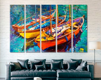 Impressionism | Boats And Sunset Canvas Print, Modern Impressionist Art, Scenery Artwork, Fine Art, Romantic Large Art Wall Décor