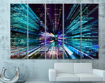 Hi-Tech | Cityscape Skyscrapers Abstract City Poster Print, Unusual Abstract Skyline Artwork, City Lights Zooming Wall Art Decor, Split Art