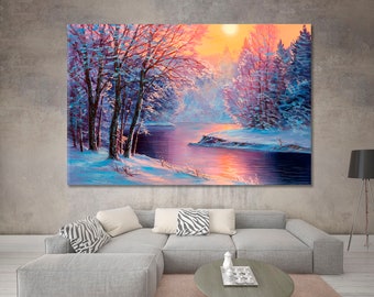 Arte de parede de inverno | Impressão em tela de arte cênica de inverno, decoração de parede com paisagem de inverno, impressão grande de arte de parede com neve, impressão em tela de rio com árvores e florestas
