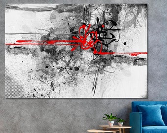 BLACK WHITE WALL ART CANVAS GREY RED LARGE ABSTRACT SQUARES SPLIT 44" X 27" 