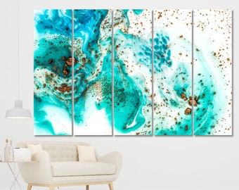 Abstract Marble Effect Pattern On Canvas Print, EBRU Wall Decoration, Agate Stone Ripples Giclee Print, Turquoise Marbling Stone Art