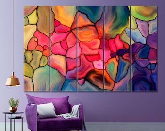 May include: Abstract art print featuring a colorful stained glass design with shades of blue, green, pink, orange, and purple. The print is divided into five panels.