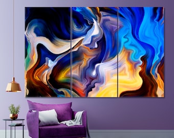 May include: Abstract art print with a multi-colored design of swirling shapes and lines. The print is divided into three panels, each with a different color scheme. The colors include blue, yellow, orange, red, purple, and white.