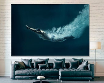 Professional Swimmer Wall Decor, Swimmer Underwater Canvas Print, Jump in Water Wall Art, Abstract Wall Art, Swimming Art, Underwater Set