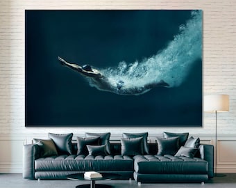 Swimmer Wall Decor, Underwater Swimmer Wall Art Set, Swimmer Underwater Canvas Print, Jump in Water Wall Art, Abstract Swimming Wall Artwork