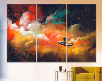 Flying in the Sky Wall Art, Abstract Space Wall Art Canvas Print, Vivid Abstract Cloud Art, Abstract Cosmos Art, Man on Boat Surreal Artwork