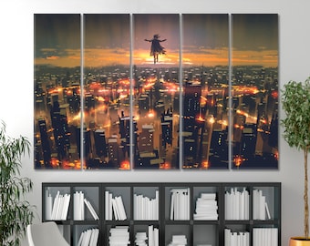 Fantastic Surreal City Art Canvas Print Psychedelic Style Urban Abstract Magic Poster, Mysterious Wall Art, Man in the Sky Fantasy Wall Art