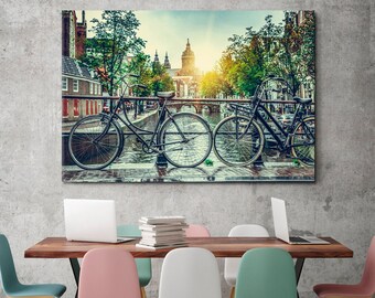 Amsterdam Saint Nicholas Church Wall Art Print, Bicycles Art Panels, Urban Canvas Print Wall Art Décor, Split Art, Large Canvas Print Art