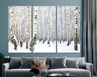 Weiße Birken Wand Kunst, Große Birkenhain Leinwand Druck, Birkenhain Leinwanddruck, Bäume Künstlerische Kunst Tafeln, Winter Wanddekoration, Erstaunliche Landschaftskunst