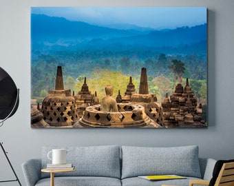 Nirvana Buddhism Concept Wall Art Canvas Print Decor, Ancient Buddhist Temple Stupas Wall Panels, Borobudur Yogyakarta Java Mount Framed Art