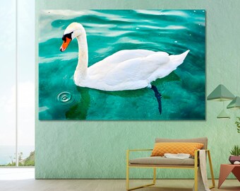 White Swan On Water Canvas Print, Swan Wall Decor, Swan Poster Print, Emerald Lake Romantic Gift For Home, Love Fidelity Symbol Wall Art