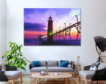 Lighthouse | Impressionist Art Canvas Print, Grand Haven Michigan USA Wall Art, Fine Art, Sunset Poster, Impressionism Art On Canvas Print