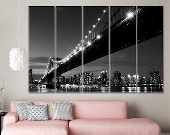 New York Wall Decor, Manhattan Bridge Art, Skyline Modern Art, New York City, Brooklyn Bridge Poster, Night City Wall Art, Night Cityscape