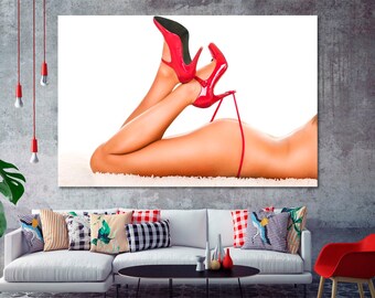 Beautiful | Woman Canvas Print, Female Nude Erotic Wall Art, Woman Legs Red Shoes Canvas Print, Lady Legs Framed Large Wall Décor For Home