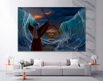 May include: A painting depicting a man in a red robe holding a staff, standing in front of a parted sea. The sea is a deep blue with white waves. The sky is dark with a sunset in the distance.