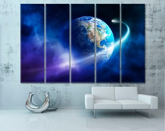 Earth Large Wall Panels, Comet Tail Art, Earth Map Wall Decor, Space Wall Art, Earth Canvas Print, Earth Wall Set, Comet Track Wall Art