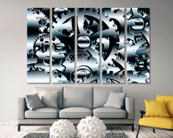 May include: A multi-panel wall art print featuring a close-up of interlocking silver gears. The gears are arranged in a random pattern and create a dynamic, abstract design.