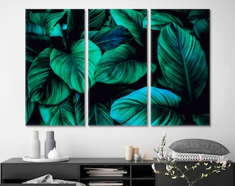 Arte mural de hojas verdes, arte exótico de naturaleza verde, impresión en lienzo de hojas tropicales, decoración abstracta de hojas, arte de hojas de espatifilo cannifolium
